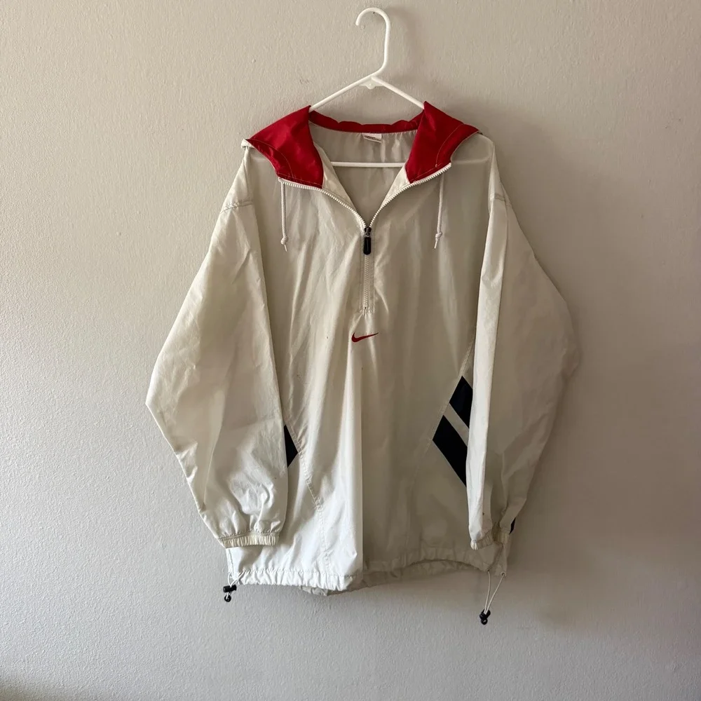 Vintage Nike‎ Windbreaker Mens Large White Red Quarter Zip Hooded Jacket